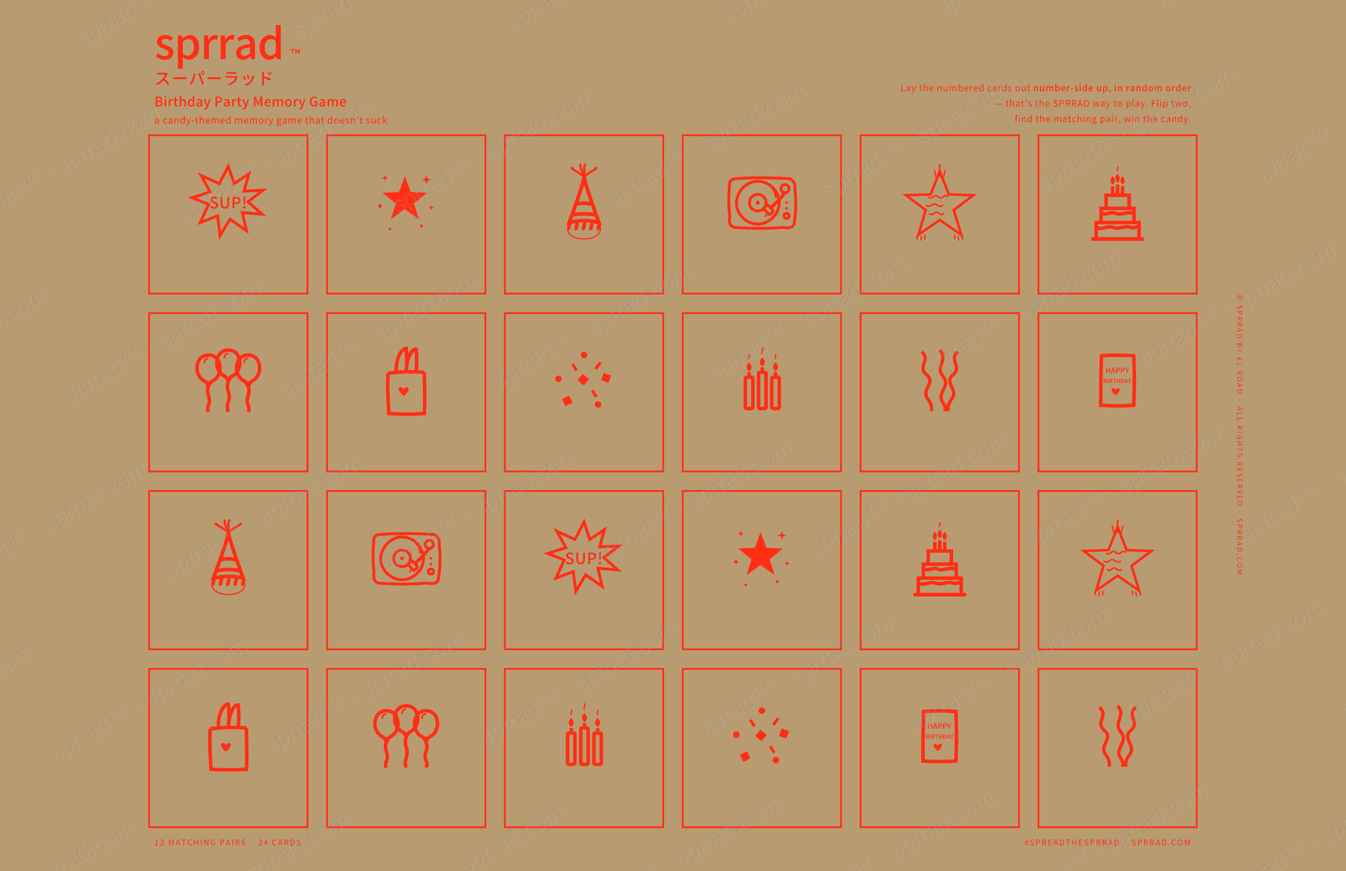 SPRRAD game board with 12 matching pairs